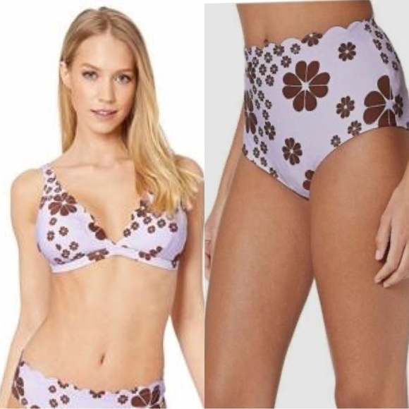 Kate Spade | Scalloped Lilac Brown Pastel Flower Bikini Swimsuit 2 Pc SET Small - Picture 1 of 11